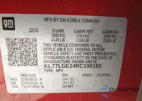 2024 Chevrolet Trax 1Rs z USA, uszkodzony, nr VIN KL77LGE24RC198180